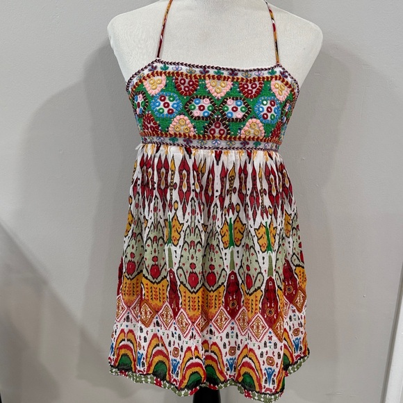Zara vibrant Multicolor Embroidered boho strappy mini babydoll Dress - Picture 2 of 6